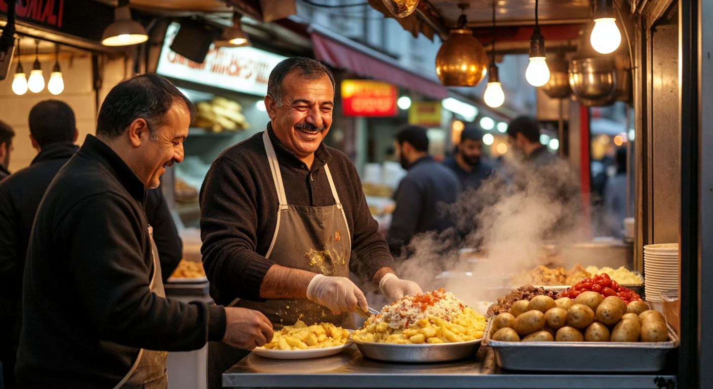 A bustling street food stall in Istanbul, with a smiling middle-aged Turkish man in an apron serving a steaming, generously topped kumpir to a delighted customer, surrounded by the warm glow of hanging lights and the aroma of baked potatoes.