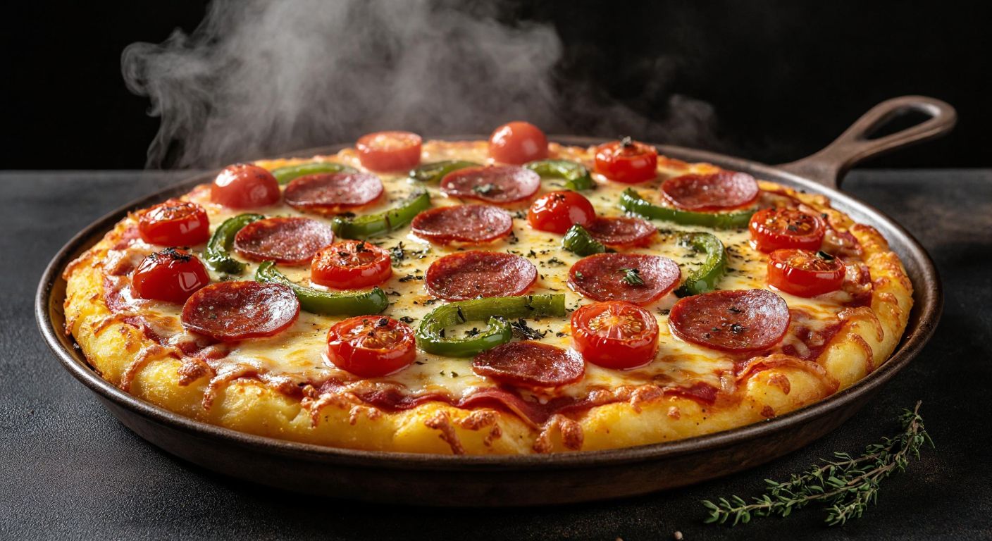 A golden-brown potato-based pizza topped with melted kasar cheese, slices of sucuk, dana jambon, cherry tomatoes, and green peppers, sizzling in a traditional Turkish pan, with steam rising and fresh kekik sprinkled on top.