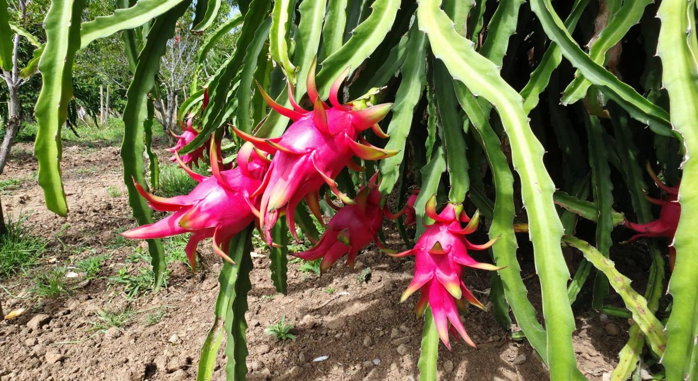 A vibrant dragon fruit plant with pink, spiky fruits growing under the warm Mediterranean sun in a Turkish orchard, surrounded by lush green leaves and fertile soil.