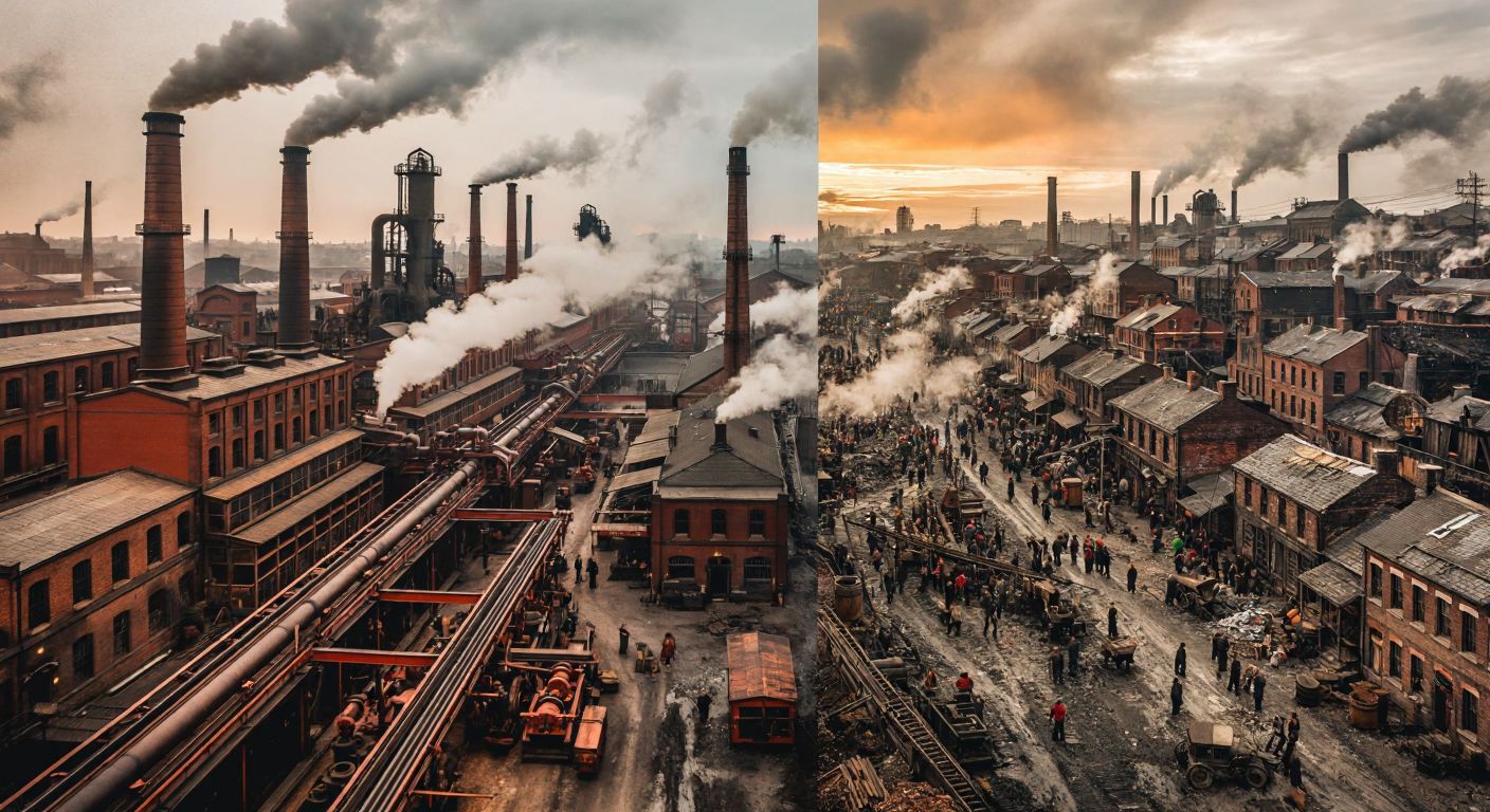 A split-image scene: on the left, a bustling 19th-century factory with smokestacks and workers operating machinery, while the right shows polluted skies, exhausted laborers, and overcrowded urban slums.  

*(Note: The description avoids text, symbols, technology, and explicit content while contrasting industrialization's dual impacts.)*