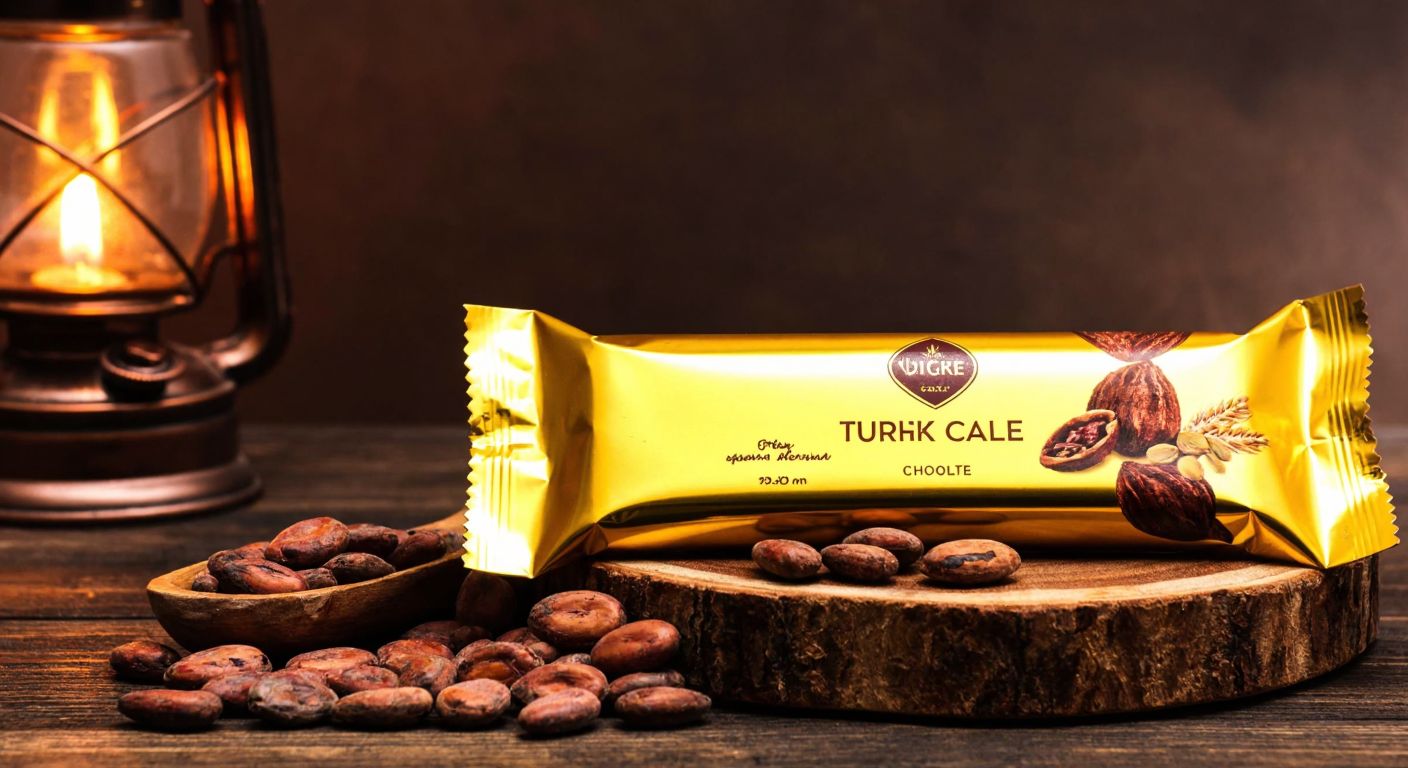 A vibrant Turkish chocolate bar with a sleek new golden wrapper sits on a rustic wooden table, surrounded by scattered cocoa beans and a warm, inviting glow from a nearby lantern.