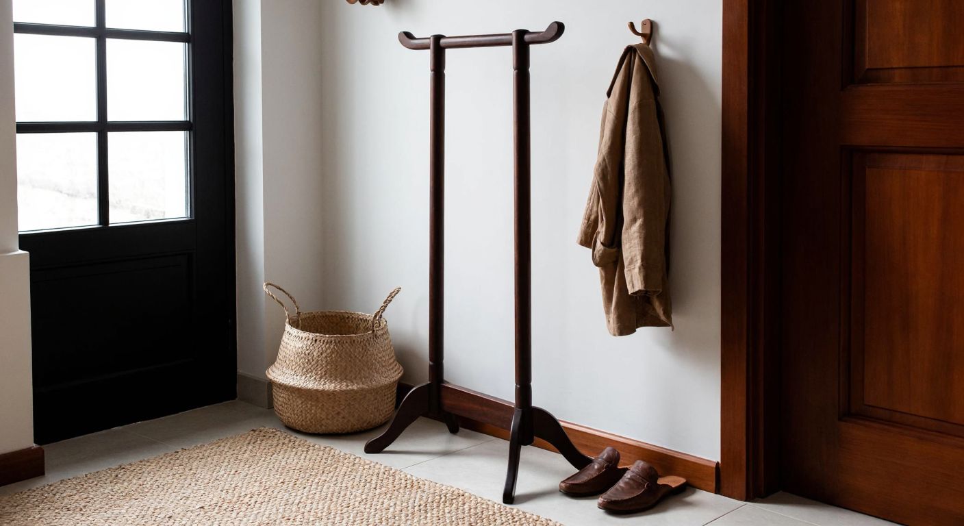 A sturdy wooden coat hanger with curved shoulders, placed in a traditional Turkish hallway next to a woven basket and a pair of leather slippers.