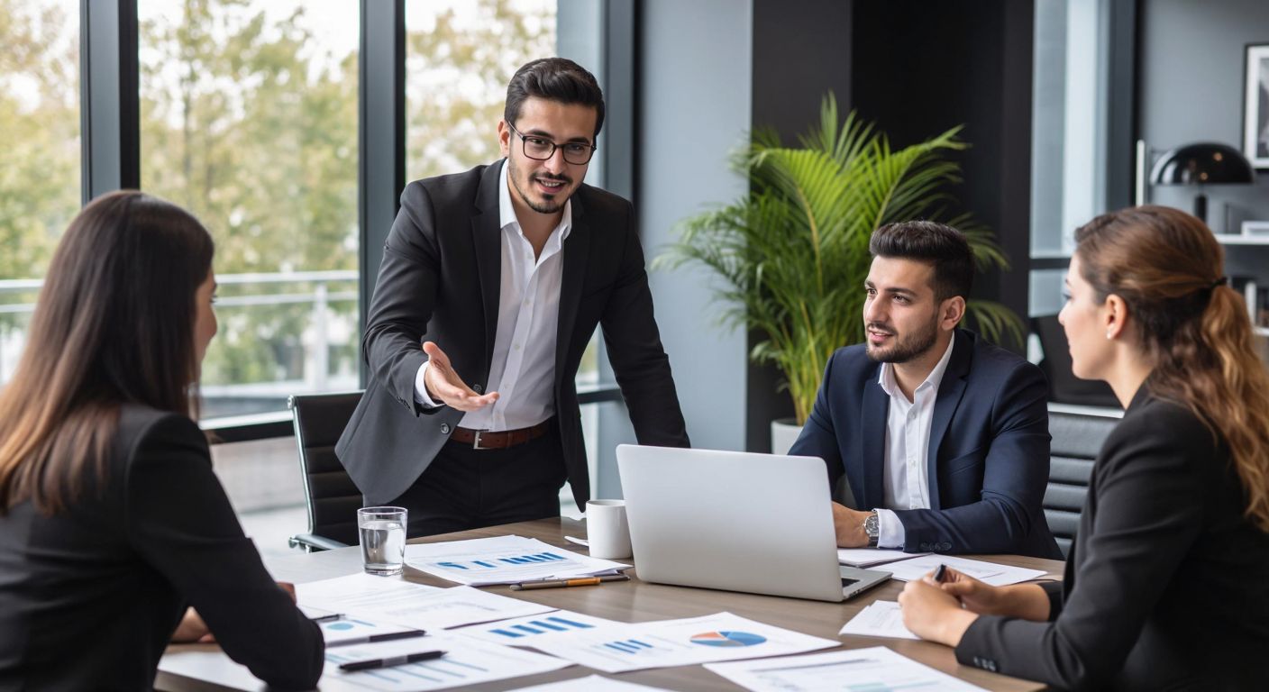 A professional Turkish and German business consultant in a sleek office, confidently discussing financial strategies with a diverse group of clients over a table covered with documents and a laptop.