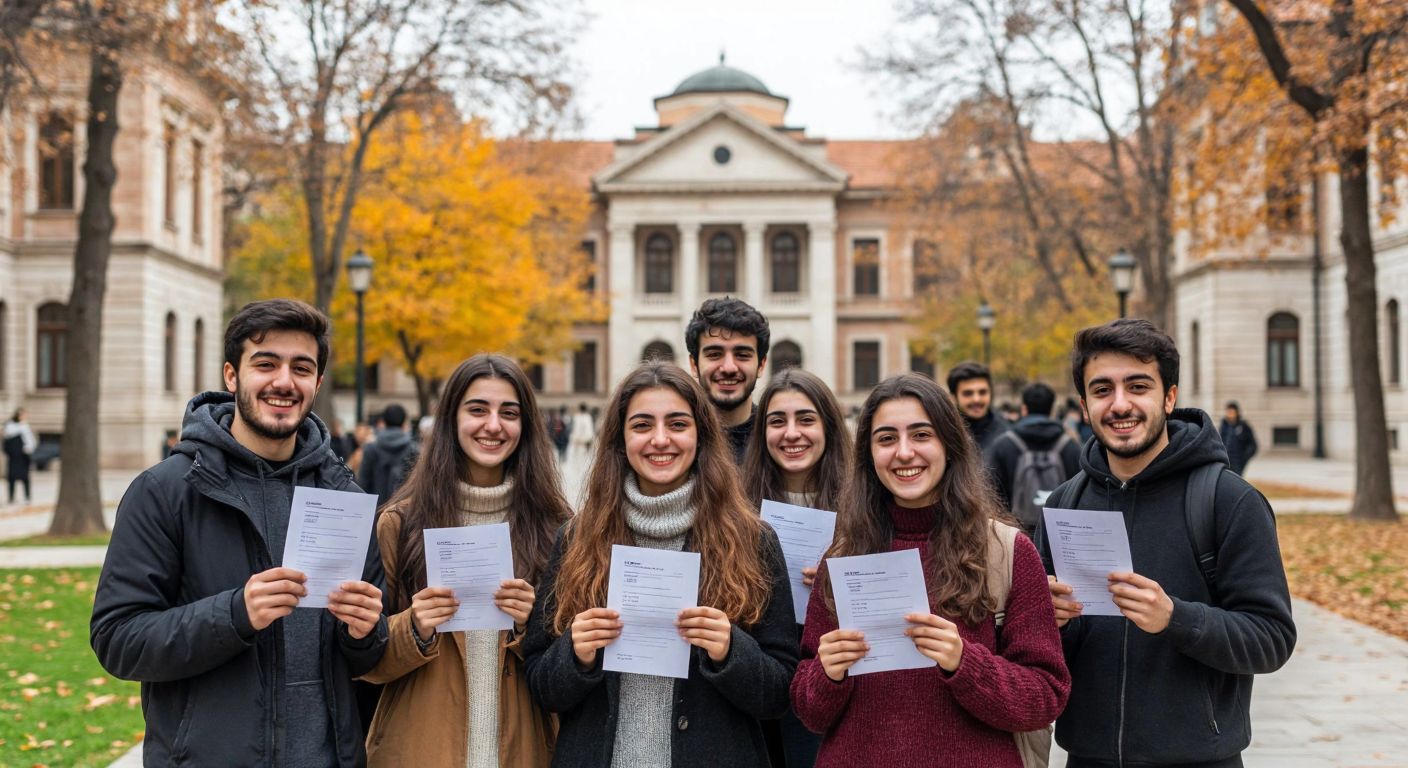 A group of Turkish university students in a Bursa campus courtyard, smiling and holding exam papers with visible passing grades, surrounded by autumn trees and historic university buildings.