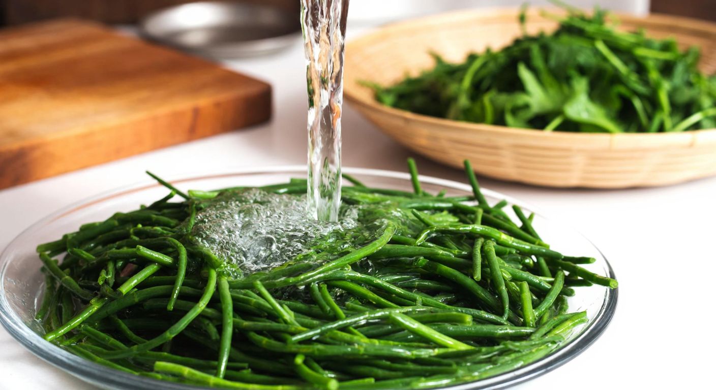 A close-up of fresh green samphire (balık otu) being gently rinsed under clear running water in a rustic Turkish kitchen, with a woven basket of cleaned greens nearby and a wooden cutting board in the background.