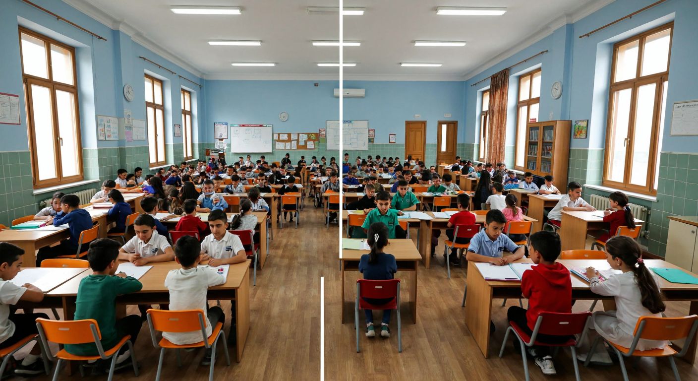 A split image showing a bustling, crowded classroom in a modest Turkish state school on one side, contrasted with a smaller, well-equipped private school classroom where students engage in hands-on activities on the other.