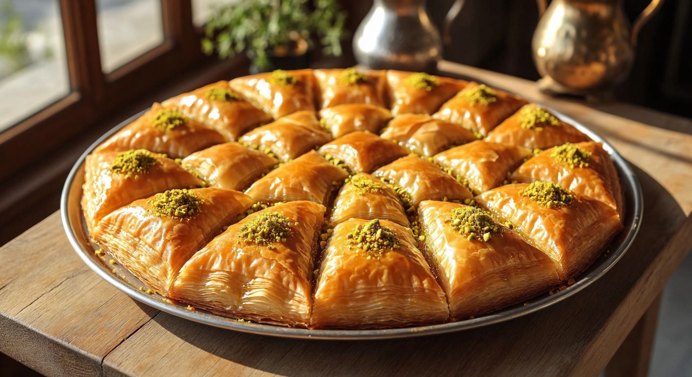 A golden, syrup-drizzled baklava on a round tray, neatly sliced into diamond-shaped pieces with crisp layers of phyllo dough and crushed pistachios sprinkled on top, resting on a wooden table in a sunlit Turkish kitchen.
