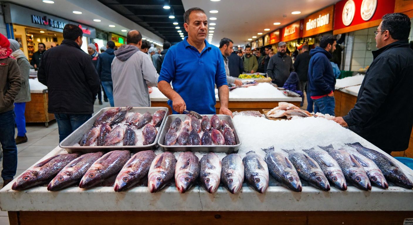 A bustling Turkish fish market with a vendor proudly displaying fresh, glistening purple-hued menekşe fish on ice, surrounded by eager customers admiring the catch.