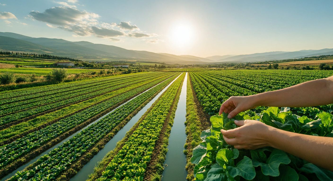 A vast, sunlit agricultural landscape in southeastern Turkey with irrigation canals and green fields representing GAP, contrasted with a close-up of hands inspecting organic vegetables in a Mersin greenhouse symbolizing Türkgap.