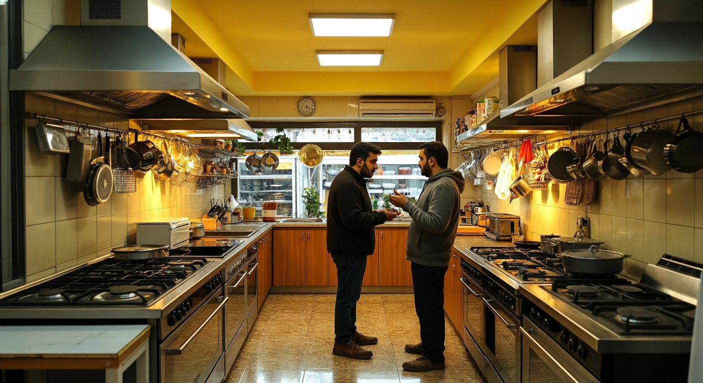 A bustling Turkish second-hand appliance shop with neatly displayed used range hoods, a shopkeeper demonstrating one to a curious customer, and warm yellow lighting reflecting off stainless steel surfaces.