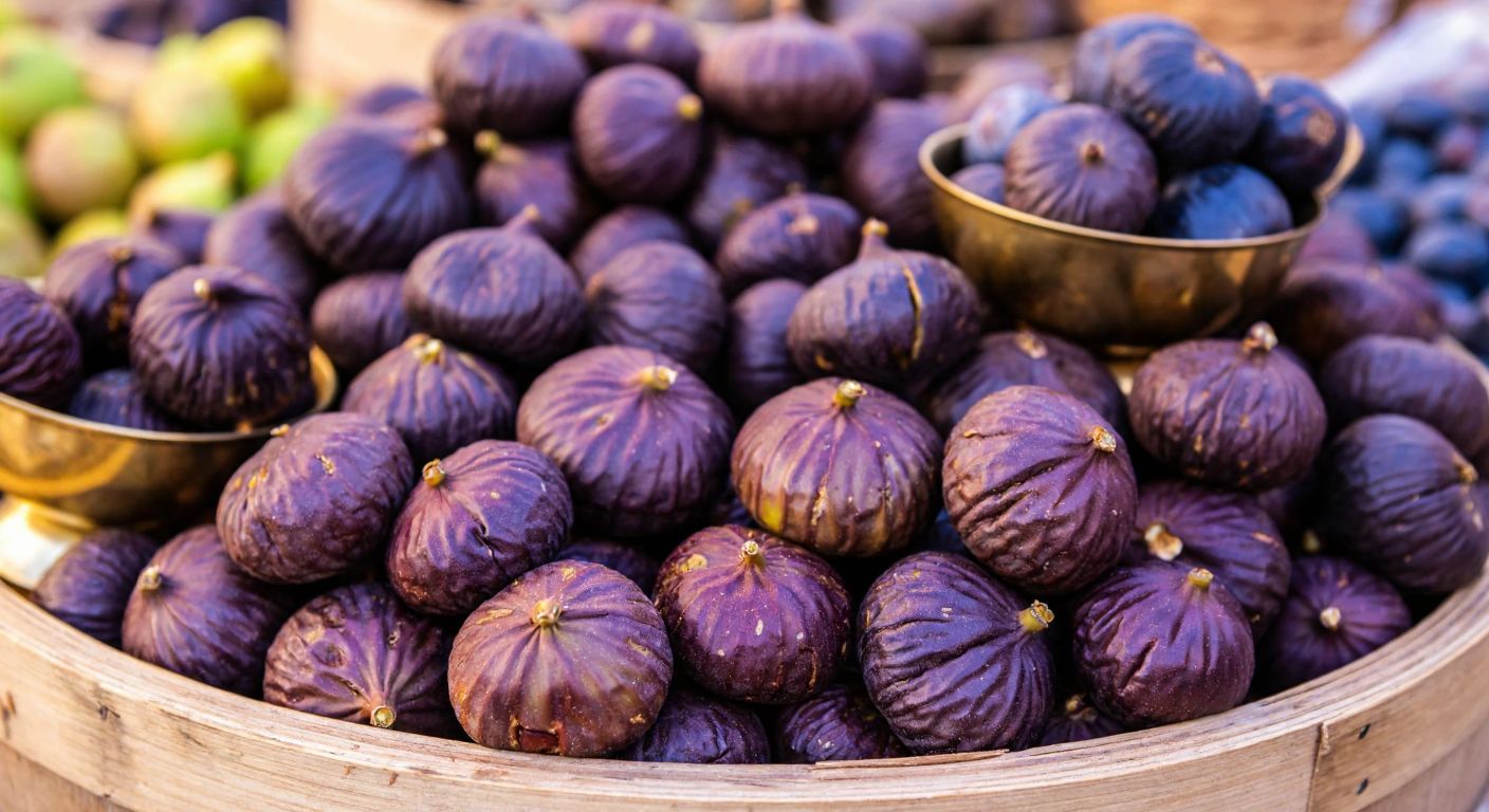 A rustic wooden table in a Turkish market piled high with plump dried figs, their deep purple skins slightly wrinkled, next to a small brass scale holding a handful of them.