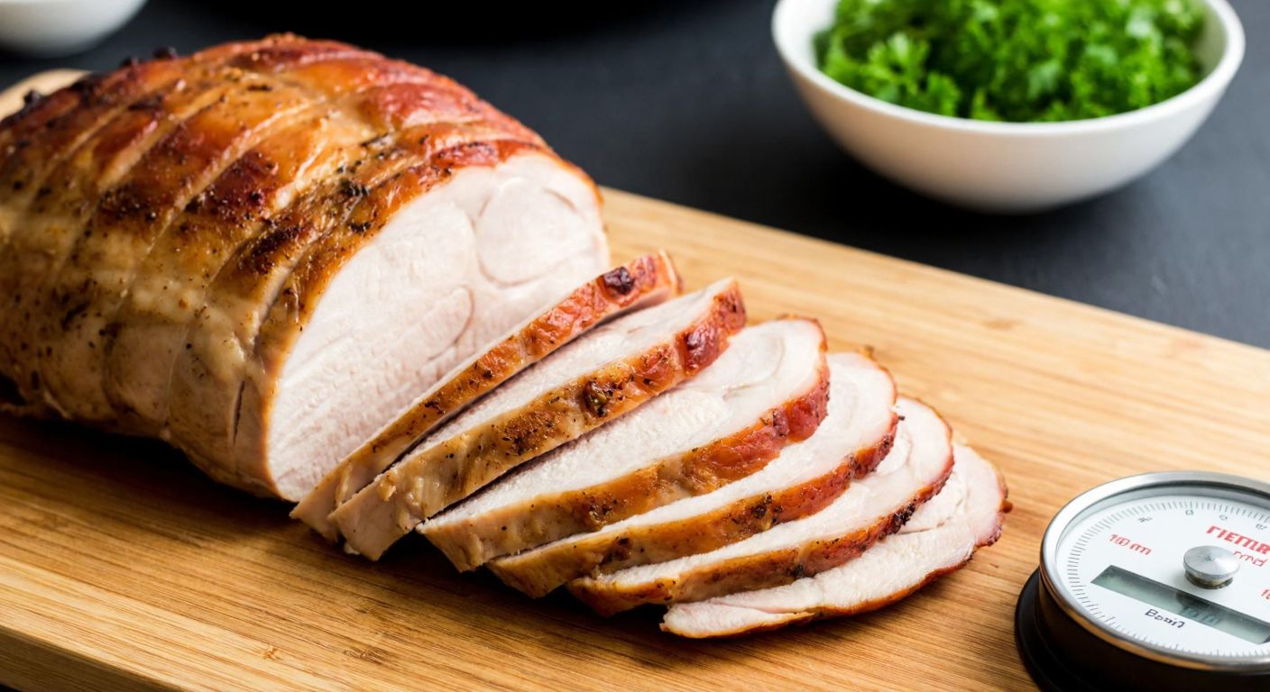 A close-up of a juicy, roasted turkey breast sliced on a wooden cutting board, with a small kitchen scale nearby showing 100 grams, and a bowl of fresh herbs in the background.