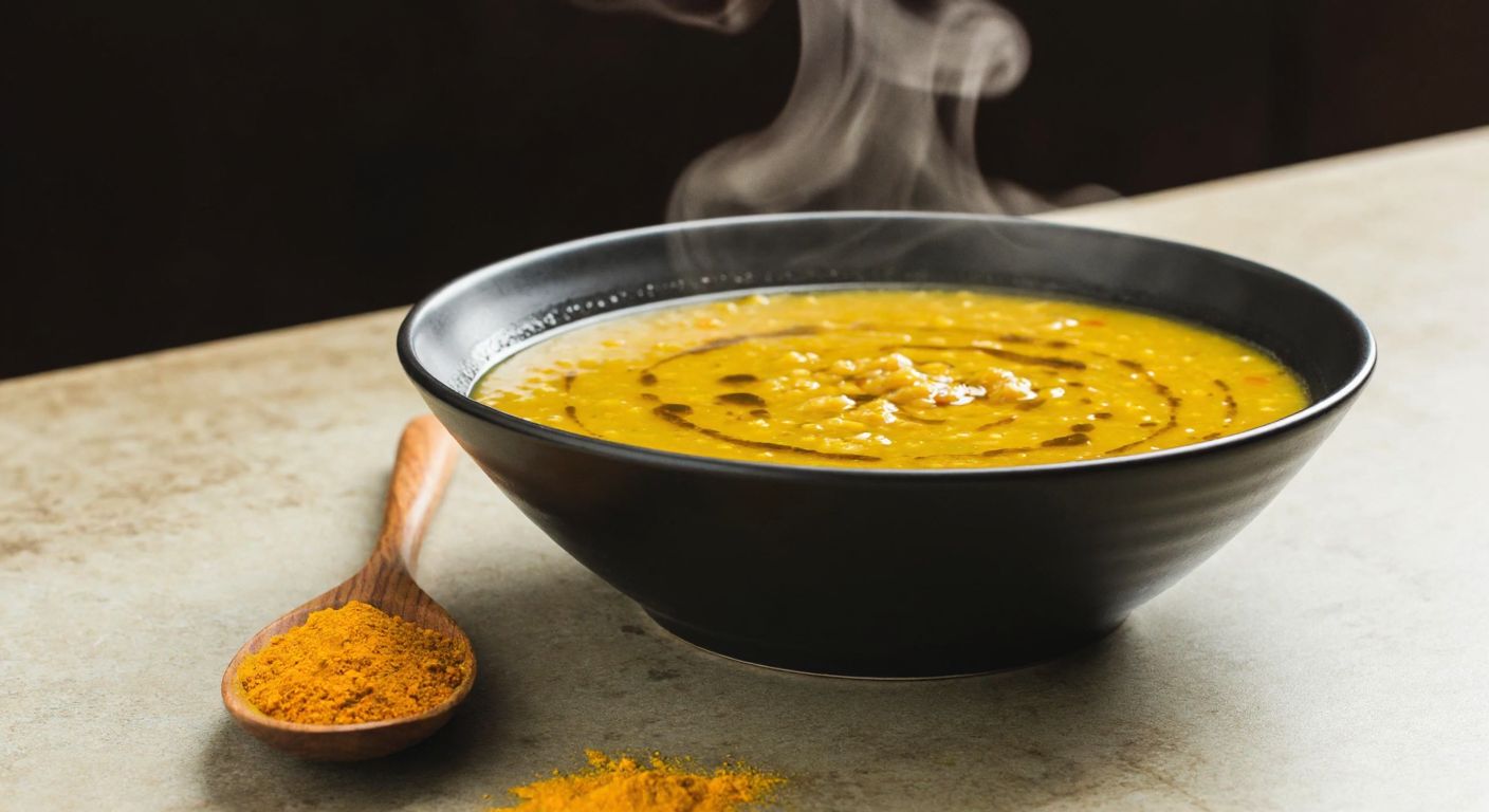 A steaming bowl of golden lentil soup with a wooden spoon resting beside it, a small pile of vibrant yellow turmeric powder on a spoon nearby, set on a rustic Turkish kitchen counter with warm lighting.