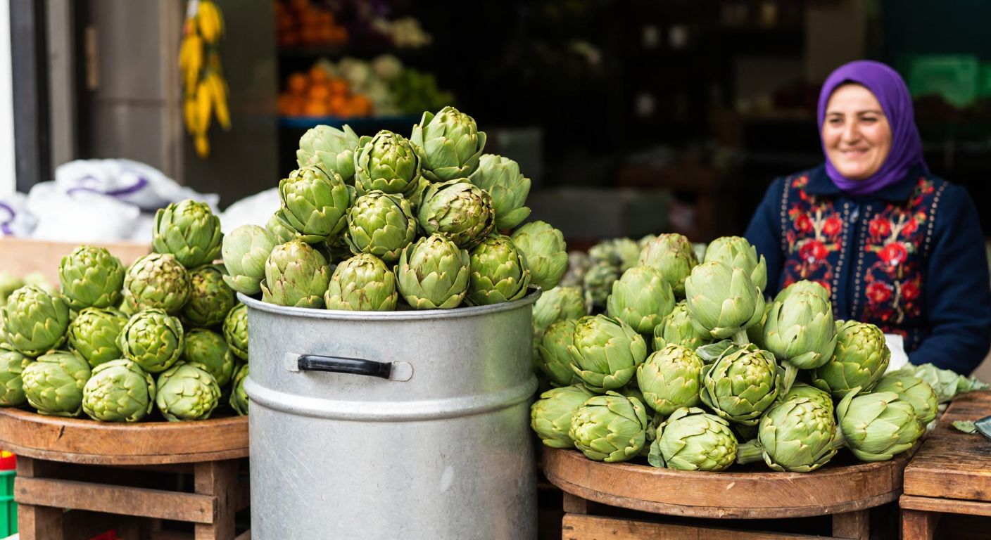 A rustic wooden table in a Turkish market displays a large metal bidon overflowing with fresh, green artichokes, surrounded by loose ones and a vendor in traditional attire smiling warmly.