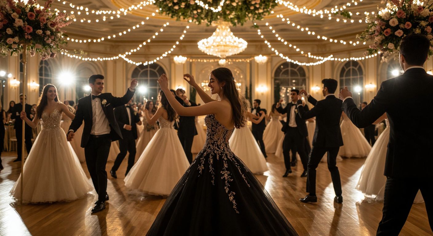 A group of Turkish high school students in elegant formal wear dancing under twinkling lights in a grand ballroom decorated with spring flowers.