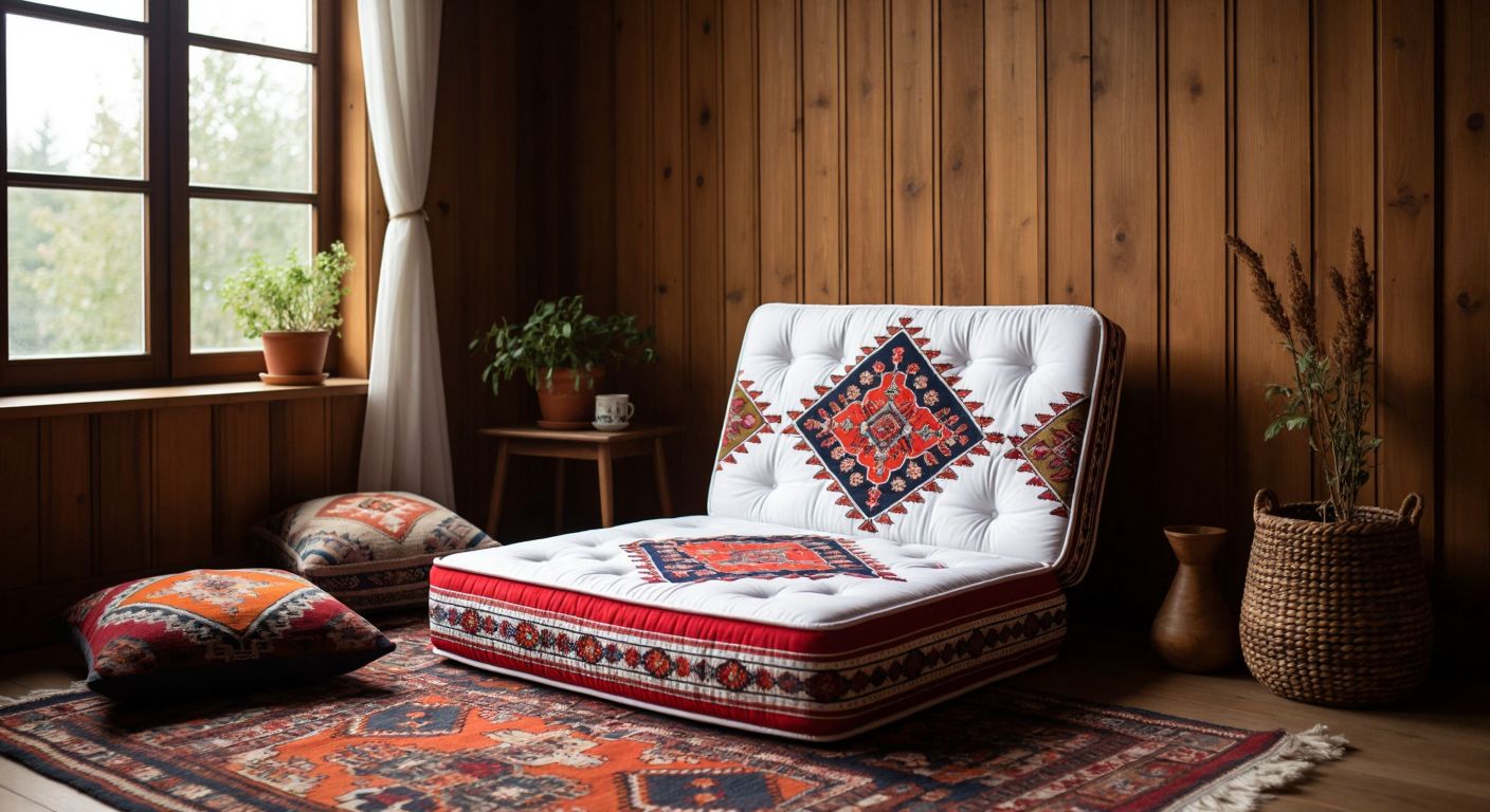 A compact, folded spring mattress resting against a wooden wall in a cozy Turkish living room with a woven kilim rug and embroidered cushions nearby.
