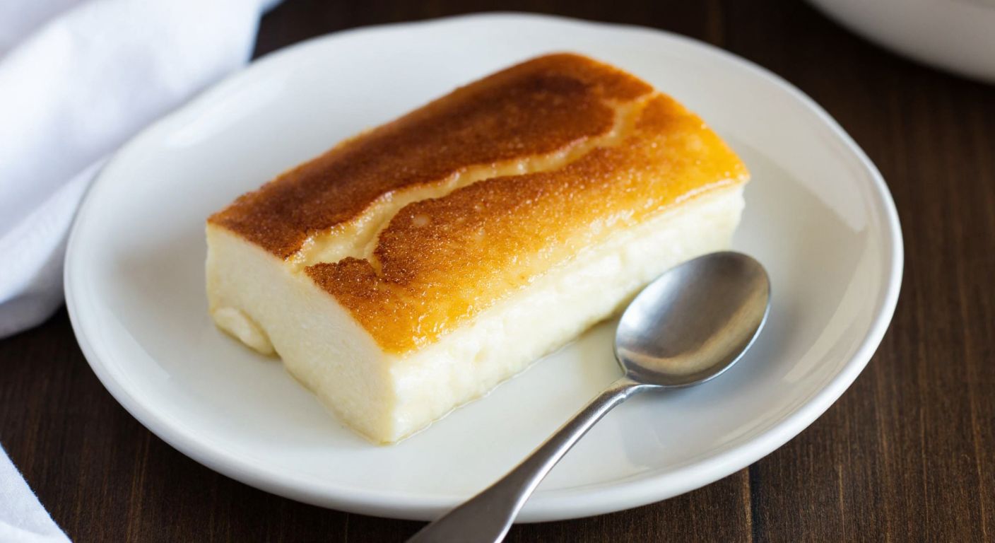 A golden-brown slice of kazandibi, a traditional Turkish milk-based dessert, sits on a white ceramic plate with a spoon beside it, evoking warmth and indulgence.