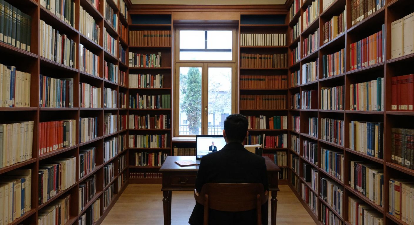 A Turkish scholar in a library, surrounded by towering bookshelves filled with academic journals and official reports, while a laptop displays an educational video lecture.