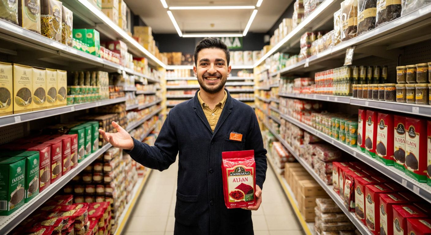A warm, bustling Turkish supermarket aisle with shelves stocked full of tea packages, including a prominent bag of Ahmad Ceylon loose tea, as a smiling shopkeeper gestures toward it.