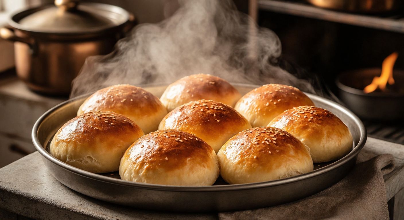 A warm, golden-brown tray of freshly baked poğaça, arranged in a neat circle of five fluffy pastries, with steam rising gently against a rustic Turkish kitchen backdrop.