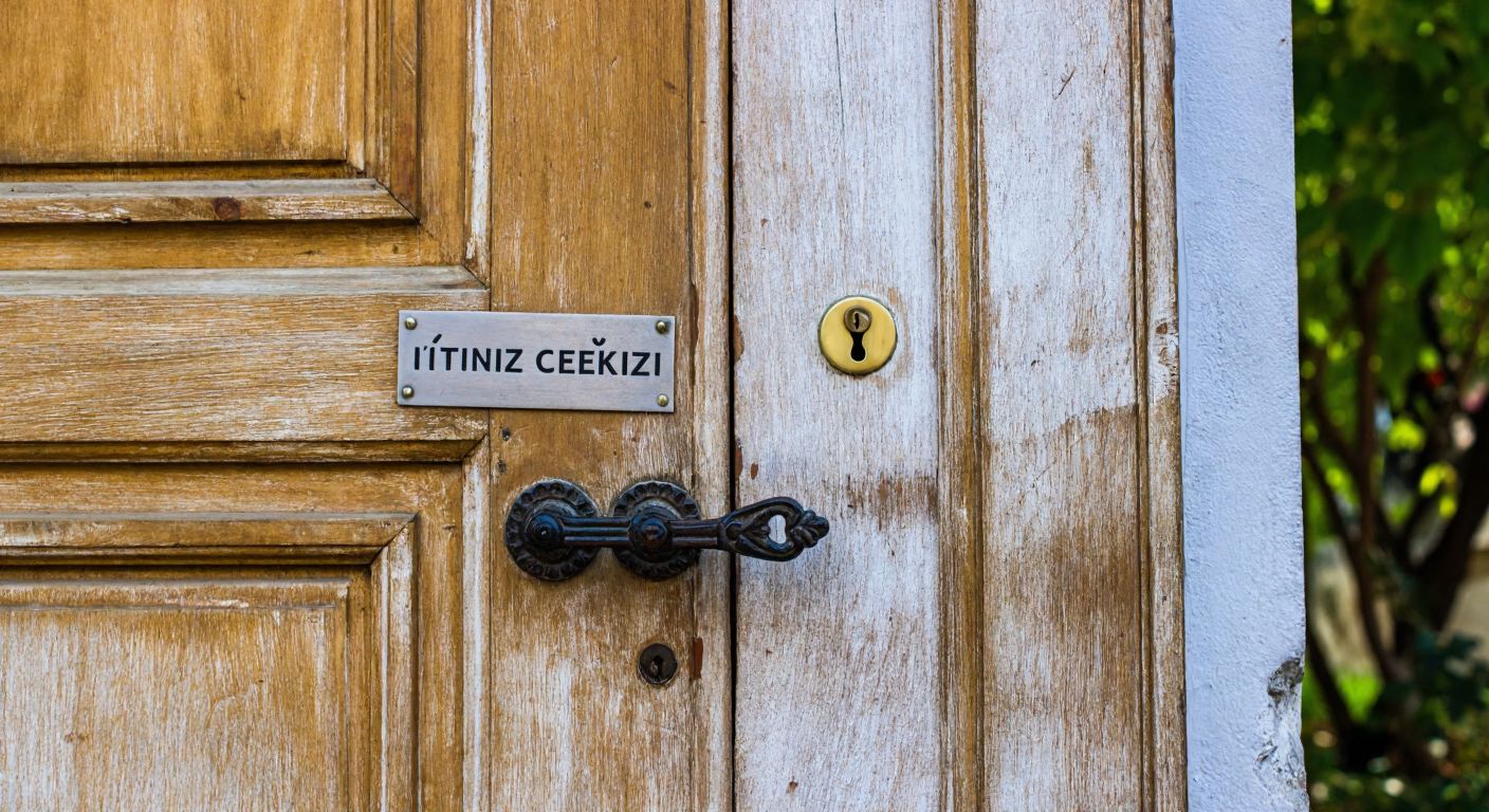 A weathered wooden door in a Turkish building with a small metal sign reading "İtiniz Çekiniz" mounted just above the handle.  

*(Note: The description avoids text representation by focusing on the door and sign's material/placement rather than the written content.)*