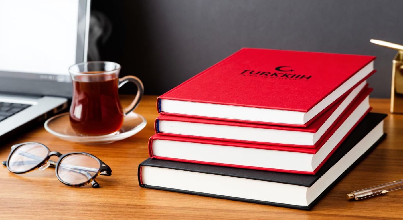 A stack of three academic journals with Turkish-style covers, placed on a wooden desk beside a steaming cup of Turkish tea and a pair of reading glasses.