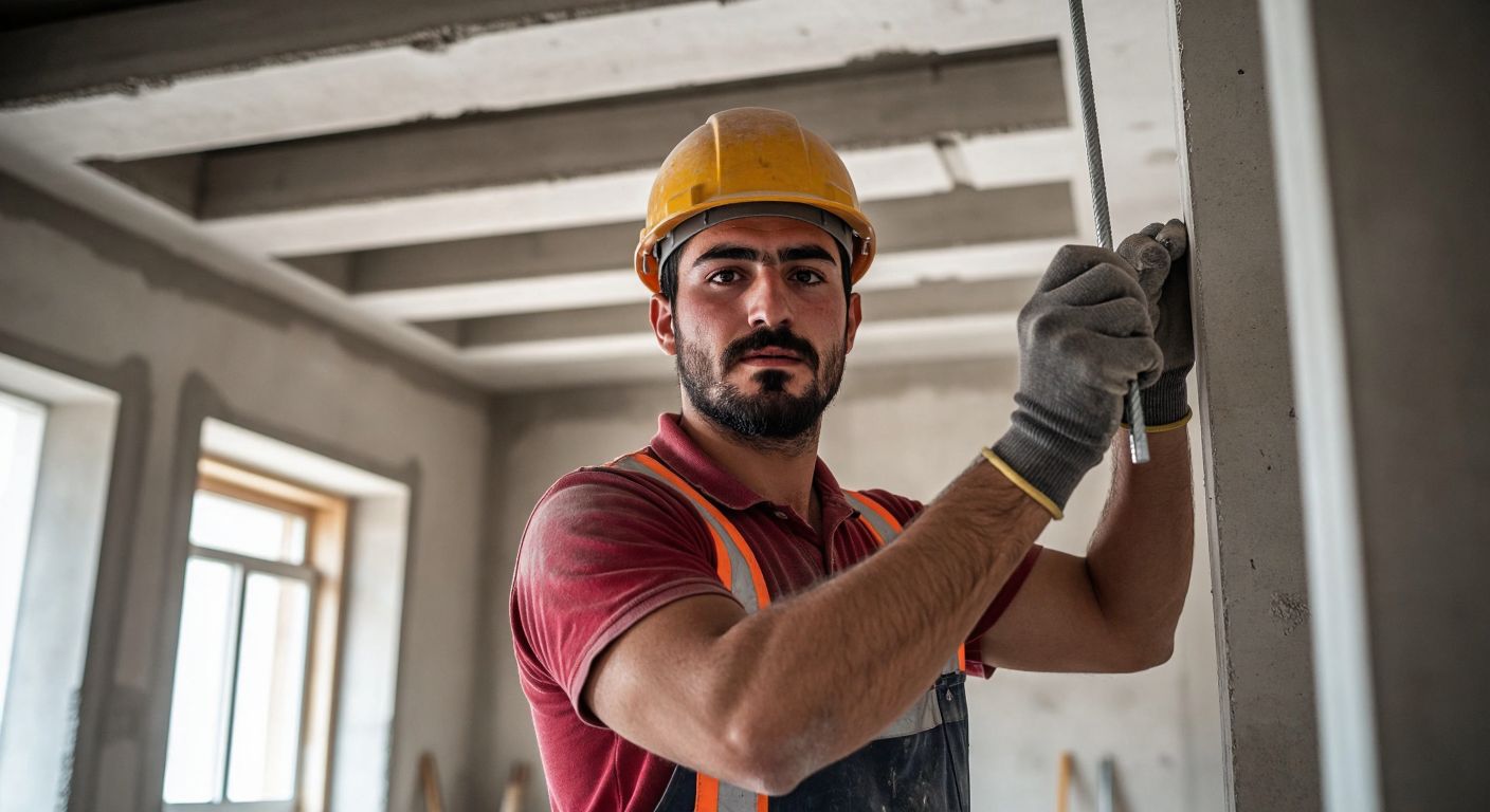 A Turkish construction worker in a hard hat holds a steel dowel and a plasterboard hanger against a backdrop of a half-finished ceiling, with a focused expression.