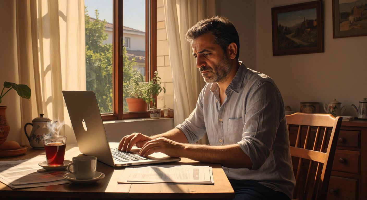 A focused middle-aged man in a casual shirt sits at a wooden desk in a sunlit Turkish home, typing on a laptop with a steaming cup of çay beside him, while a printed municipal tax notice lies nearby.