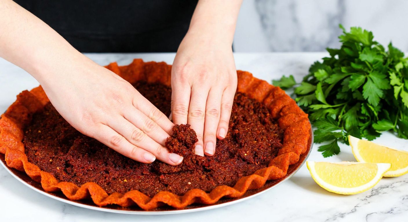 A close-up of hands kneading a mixture of dark brown bulgur, ground walnuts, and spices into a vibrant red çiğköfte paste on a traditional Turkish marble countertop, with fresh parsley and lemon wedges nearby.