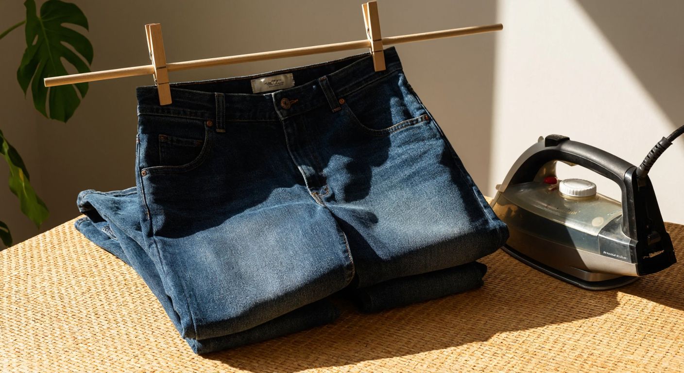 A neatly folded pair of dark blue jeans with smooth knees, hanging on a wooden clothesline under warm sunlight, next to a small bowl of mild detergent and an iron resting on a woven mat.
