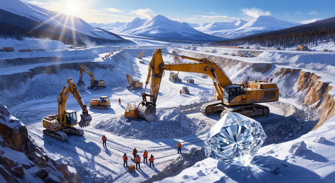 A vast, sunlit diamond mine in Yakutia with heavy machinery extracting rough gems, surrounded by snow-capped mountains and workers in winter gear, while a sparkling diamond glints prominently in the foreground.