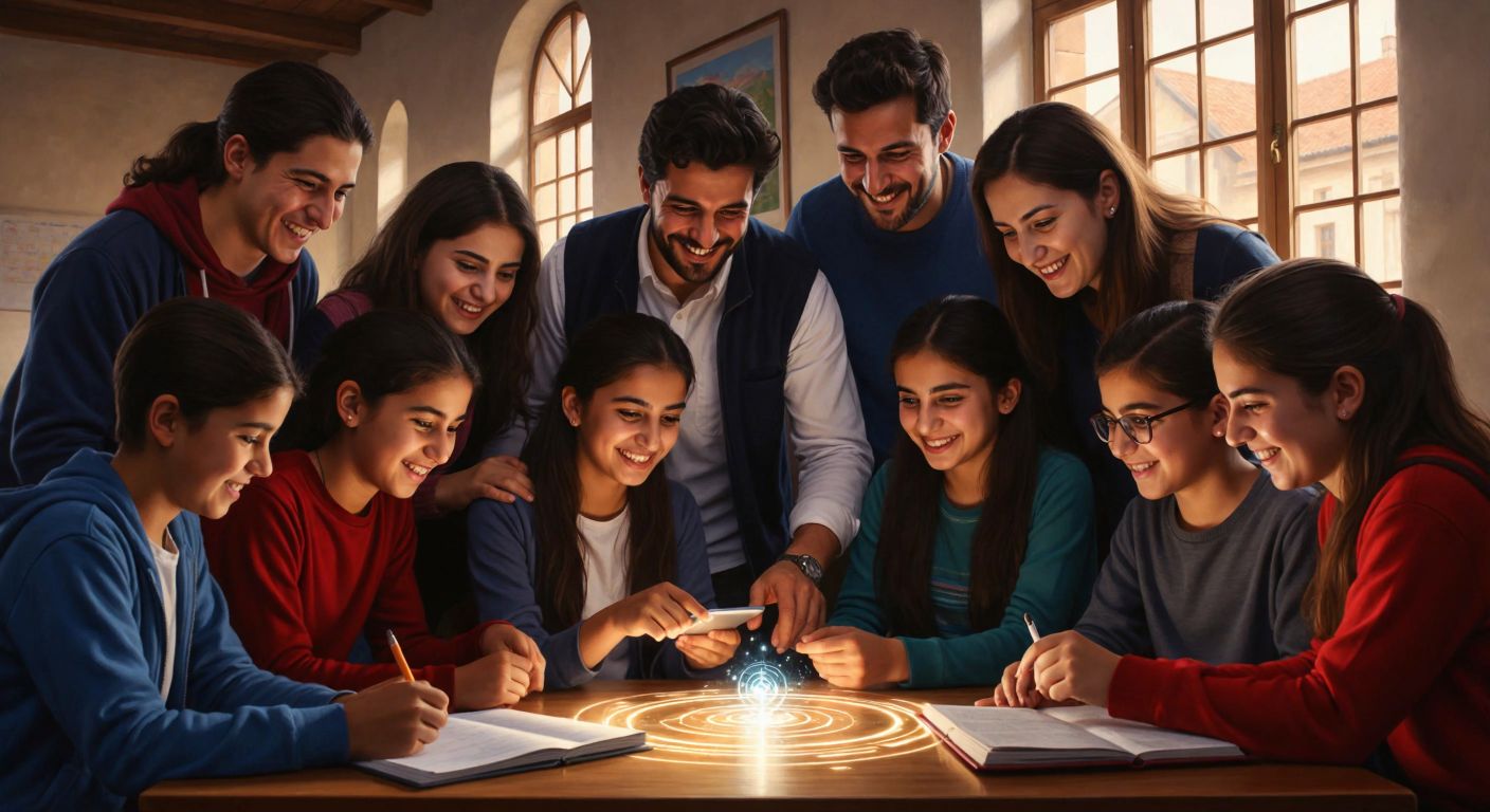 A group of diverse students and teachers in a bright Turkish classroom, smiling and interacting around a glowing digital tablet, symbolizing the active use of the support system.