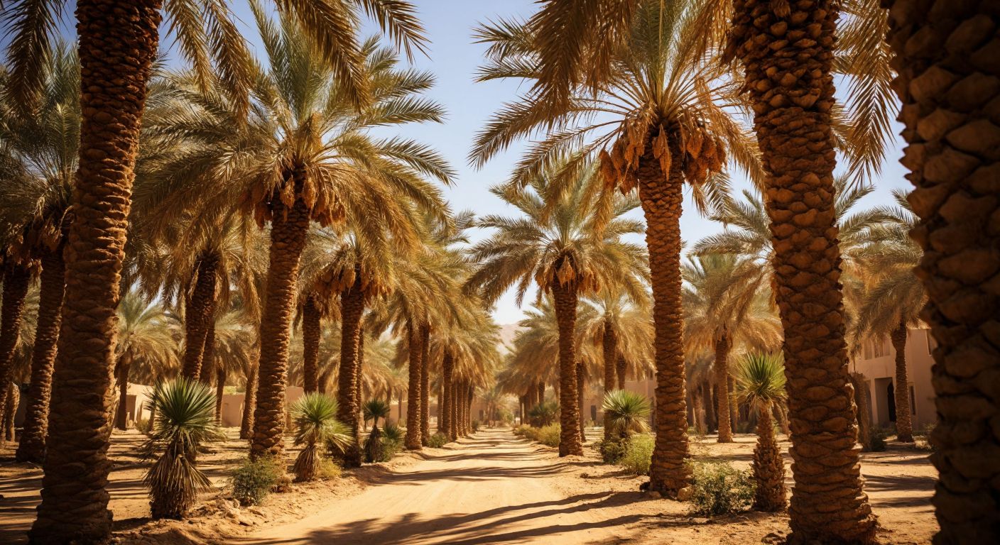 A sun-drenched oasis in Saudi Arabia's Qassim region, with tall date palms laden with golden-brown Hudri Medine dates, their fronds swaying in a warm desert breeze.