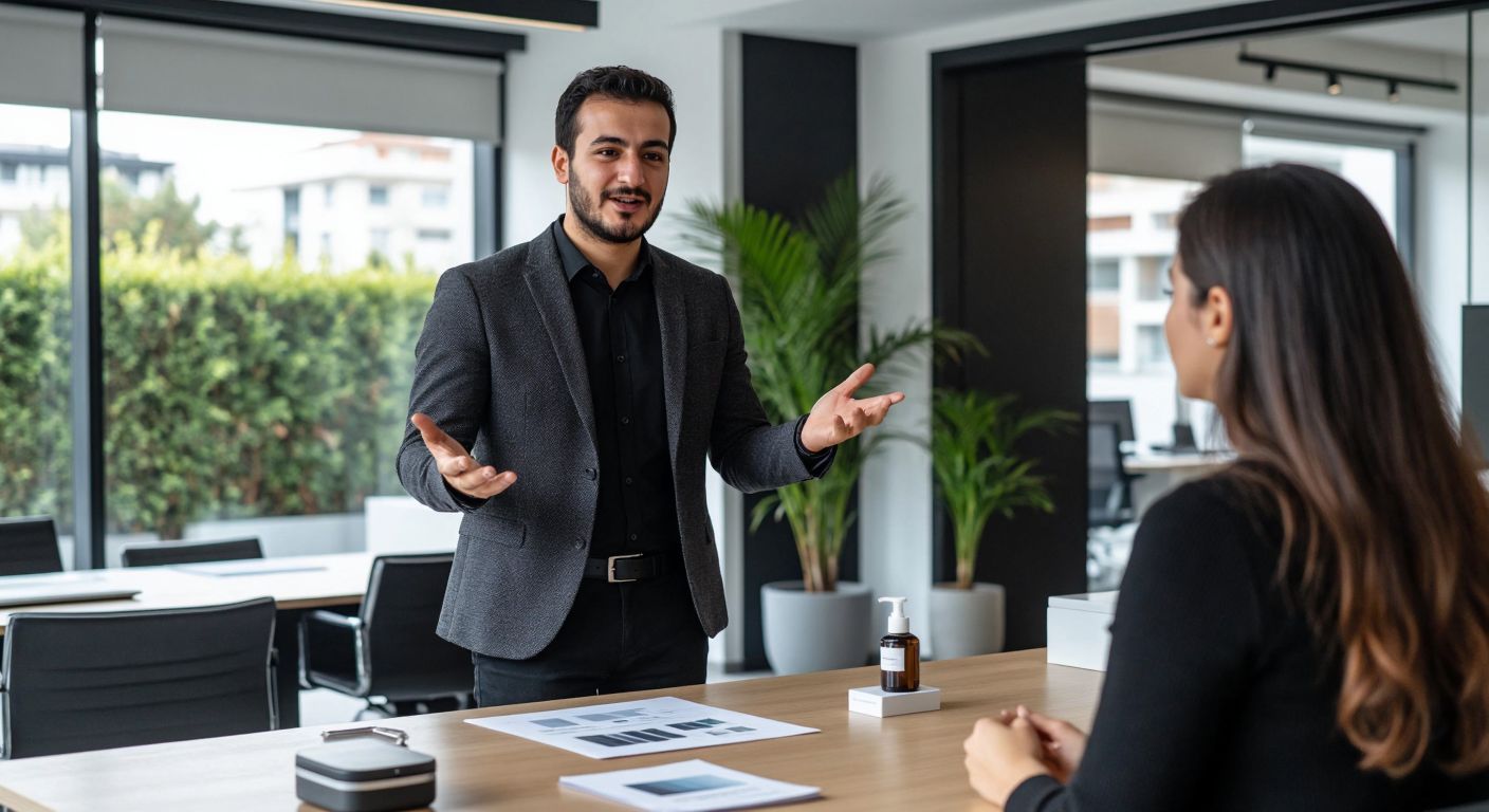 A confident Turkish salesperson in a modern office, gesturing through seven distinct steps with a sample product on the table, while a potential client listens attentively.