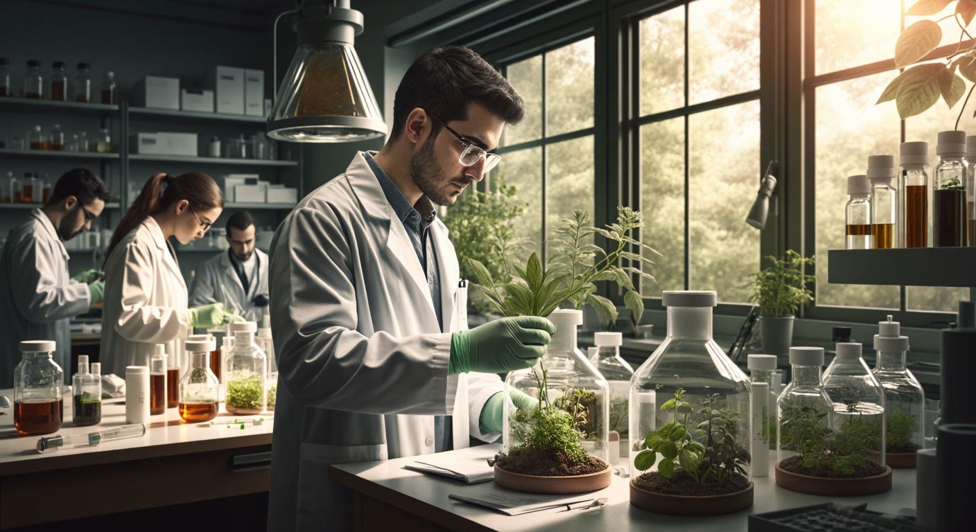 A young Turkish biologist in a white lab coat examines plant samples in a sunlit laboratory, while a diverse group of colleagues work with microscopes, test tubes, and field equipment in the background.