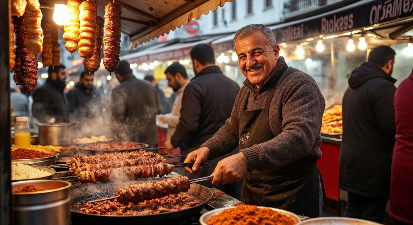 A bustling street food stall in Turkey, with a smiling middle-aged man (Erkan Polat) grilling sizzling kokoreç on a skewer, surrounded by eager customers and the aroma of spices filling the air.