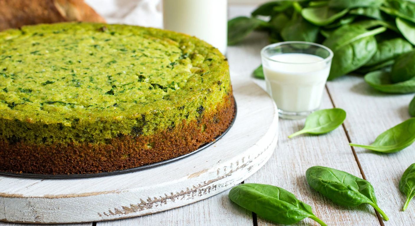 A vibrant green spinach cake with a moist, fluffy texture, sitting on a rustic wooden table in a Turkish kitchen, surrounded by fresh spinach leaves and a glass of milk nearby.