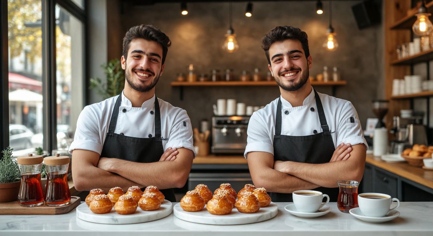 Two young Turkish men in chef uniforms smiling proudly behind a counter in a cozy, modern café in Beşiktaş, surrounded by golden-brown lokma pastries on a marble tray and steaming cups of Turkish coffee.