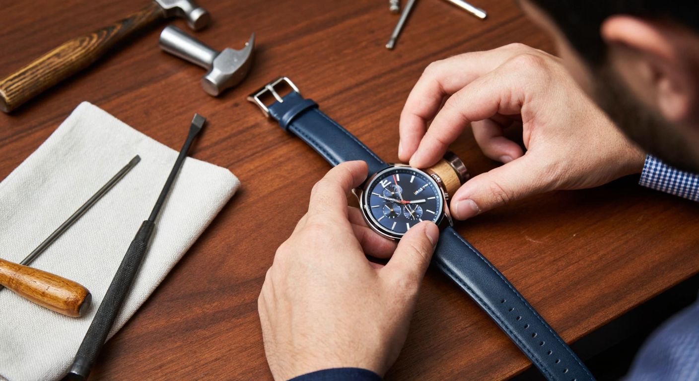 A close-up of a well-dressed Turkish man’s hands carefully replacing the leather strap of a Tommy Hilfiger watch on a wooden table, with tools like a pin punch and hammer neatly arranged beside a soft cloth.