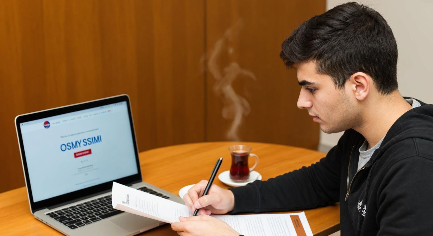A young Turkish student with focused eyes sits at a wooden desk, holding a pen over a printed form, with a laptop displaying the ÖSYM website open beside them, and a steaming cup of Turkish tea nearby.