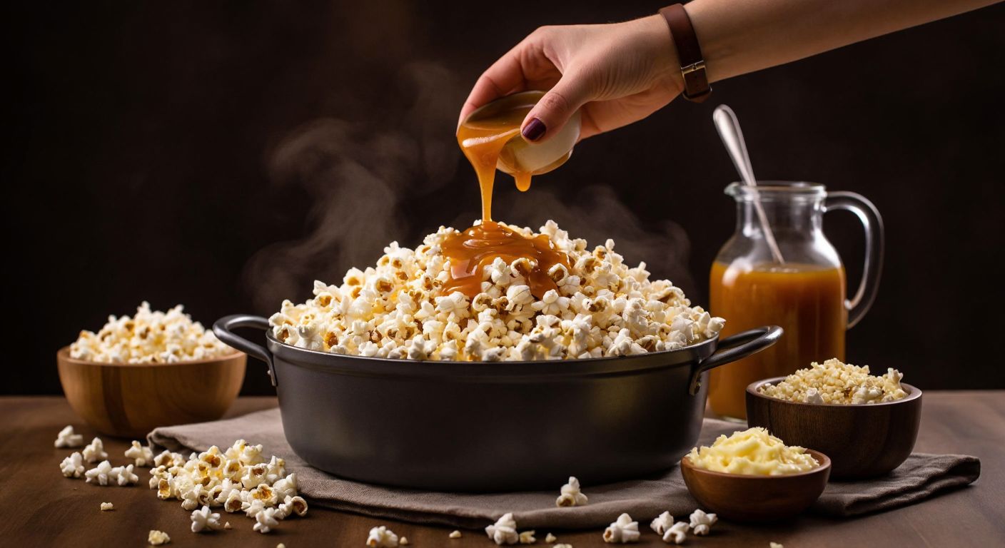 A warm Turkish kitchen with a bubbling pot of golden caramel sauce being poured over a large bowl of freshly popped popcorn, surrounded by scattered kernels, a wooden spoon, and a small bowl of melted margarine.
