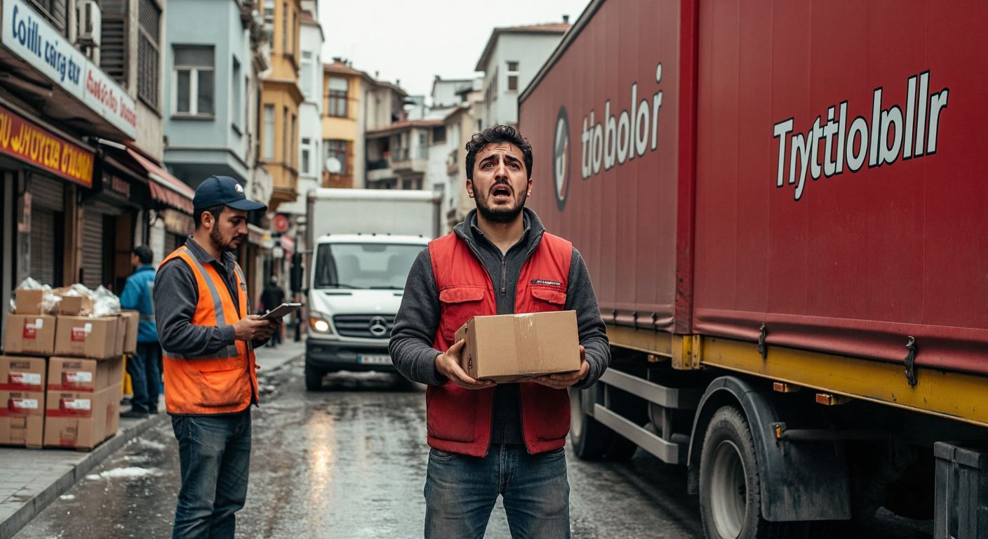 A frustrated customer in a bustling Turkish street stands near a Tirityolbir cargo truck, holding a package with a hopeful yet impatient expression, while a worker in a company uniform checks a clipboard nearby.