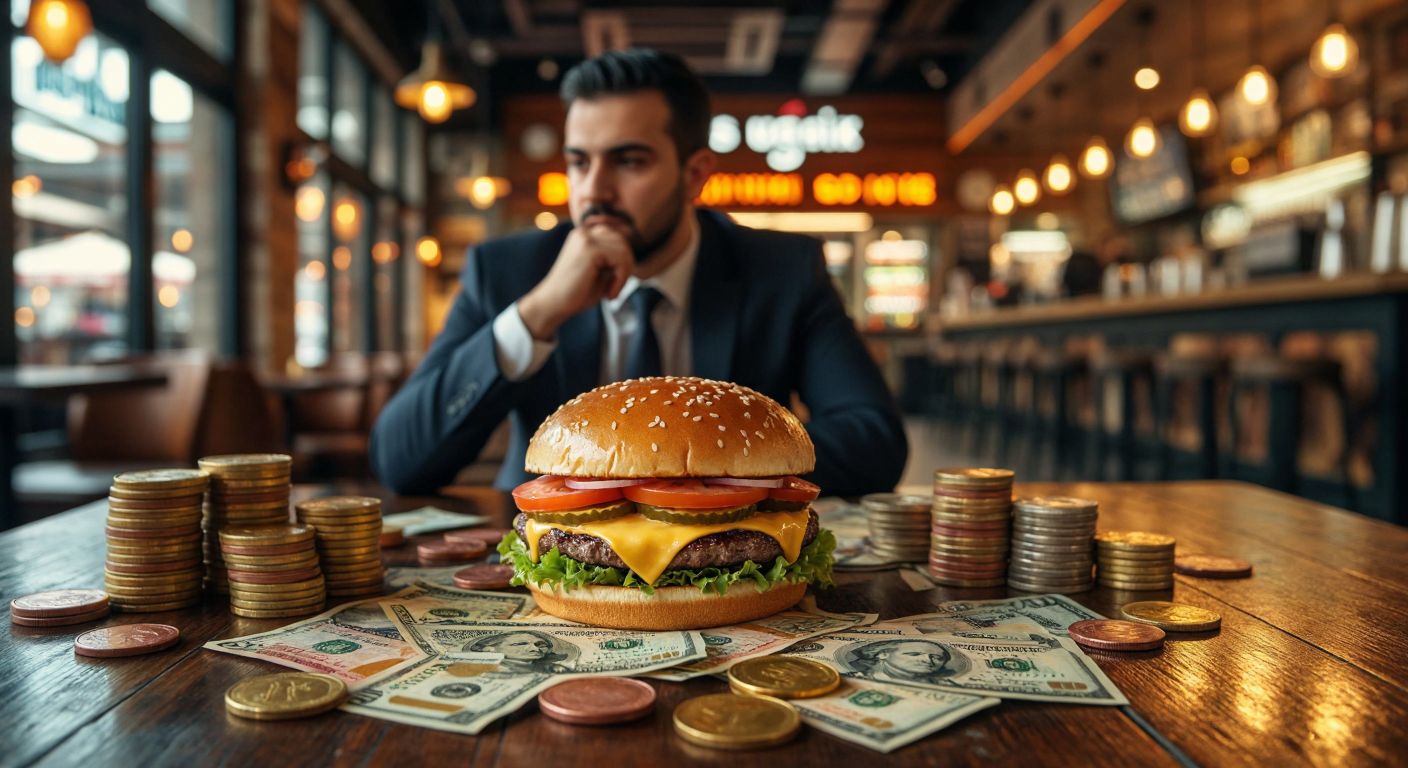 A golden Big Mac burger sits on a wooden table surrounded by colorful stacks of different currencies, with a businessman in a suit analyzing them thoughtfully under warm Turkish café lighting.