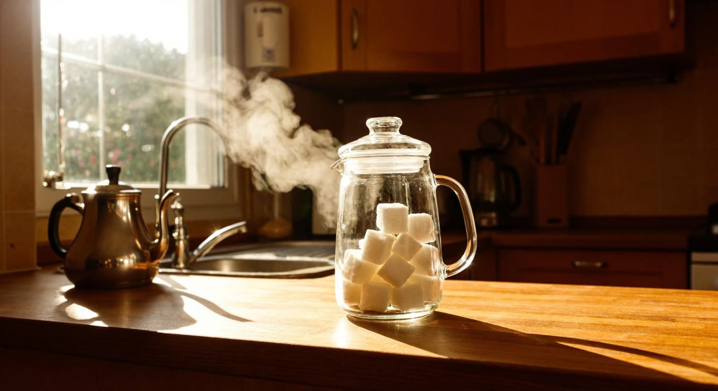 A clear glass jar with a tight-fitting lid, half-filled with white sugar cubes, sits on a wooden kitchen counter in a sunlit Turkish home, with a traditional çaydanlık (tea kettle) steaming nearby.