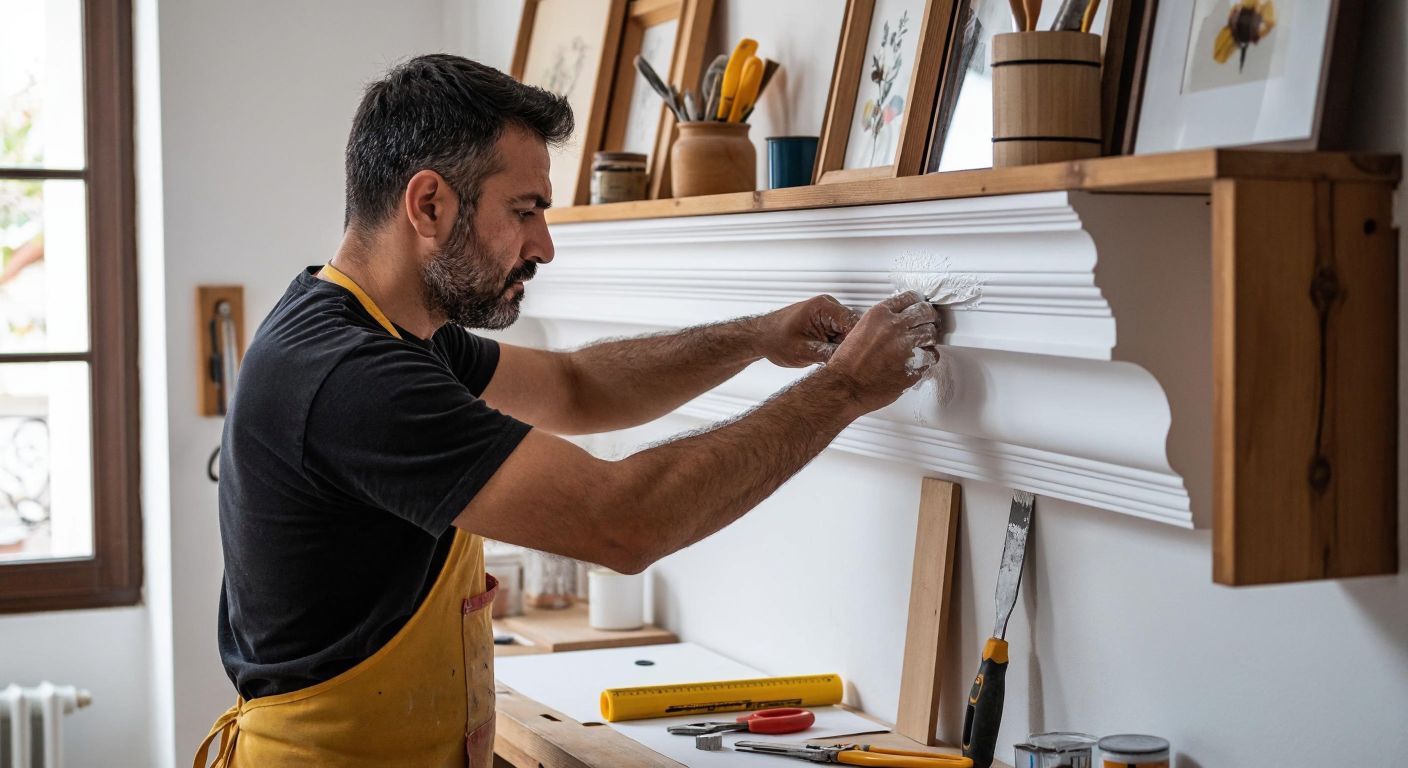 A focused craftsman in a Turkish home carefully applies adhesive to a stropiyer molding before pressing it against a clean, white wall, with tools like a spatula and measuring tape neatly arranged on a wooden table nearby.