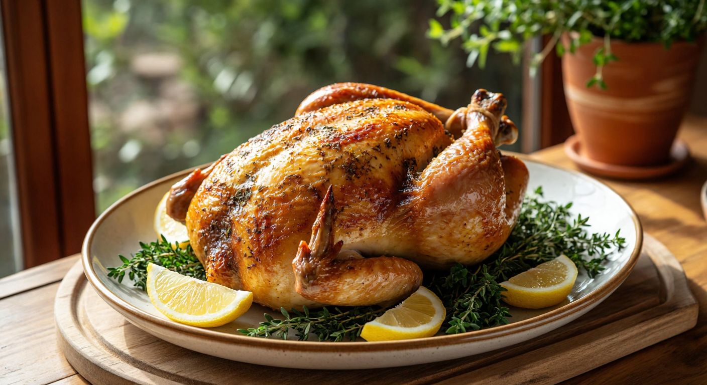 A golden-brown roasted chicken on a ceramic plate, garnished with fresh herbs and lemon slices, placed on a rustic wooden table in a sunlit Turkish kitchen, evoking warmth and nourishment.