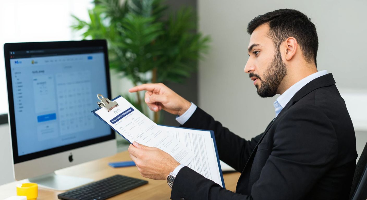 A focused Turkish accountant in a modern office, holding a contract and pointing to a calendar marked with a 15-day period, while a computer screen displays a tax portal in the background.