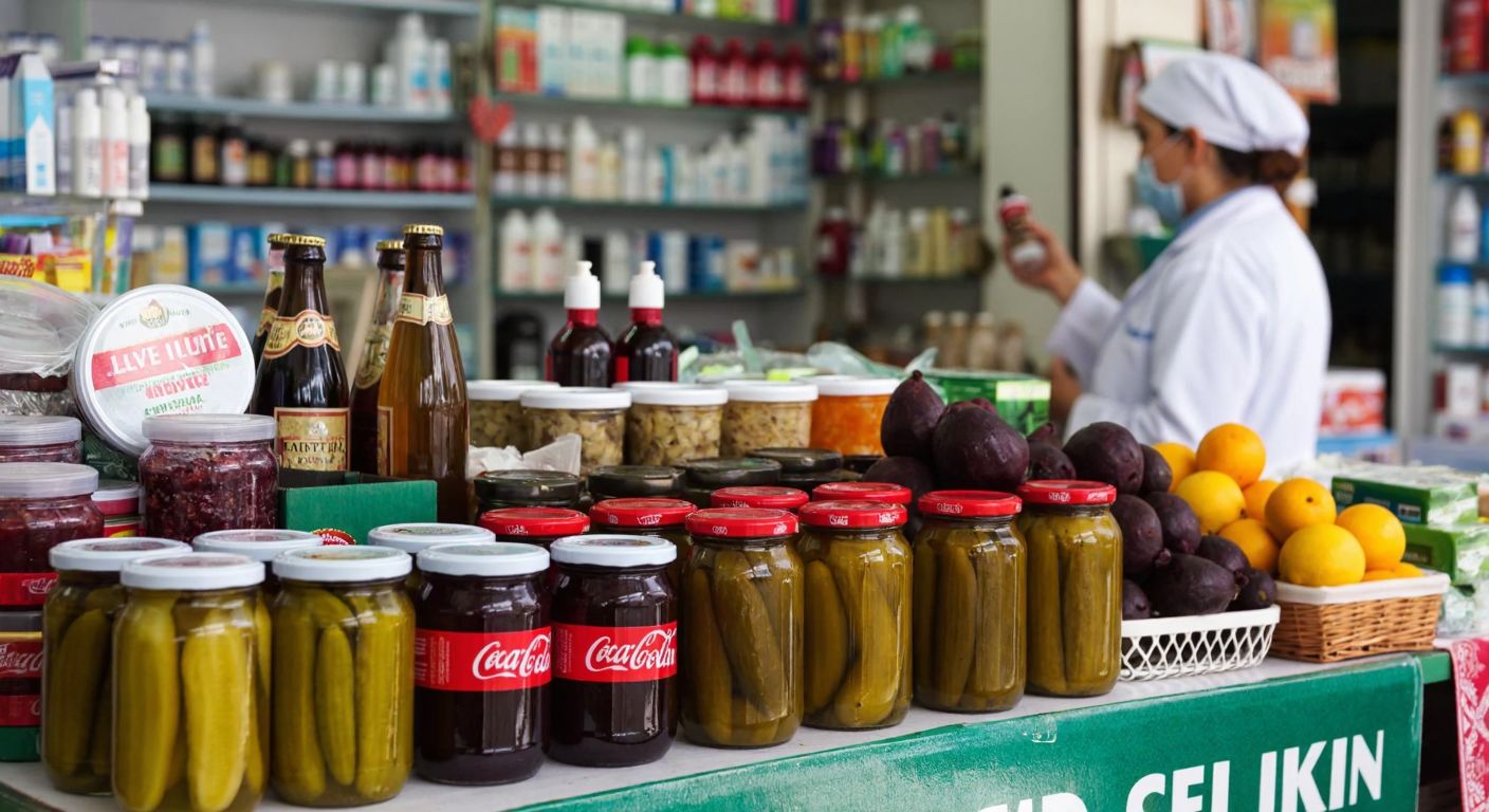 A colorful Turkish market stall displays jars of pickles, bottles of soda, and containers of jam, with a pharmacist in the background holding cosmetic products and medicine.