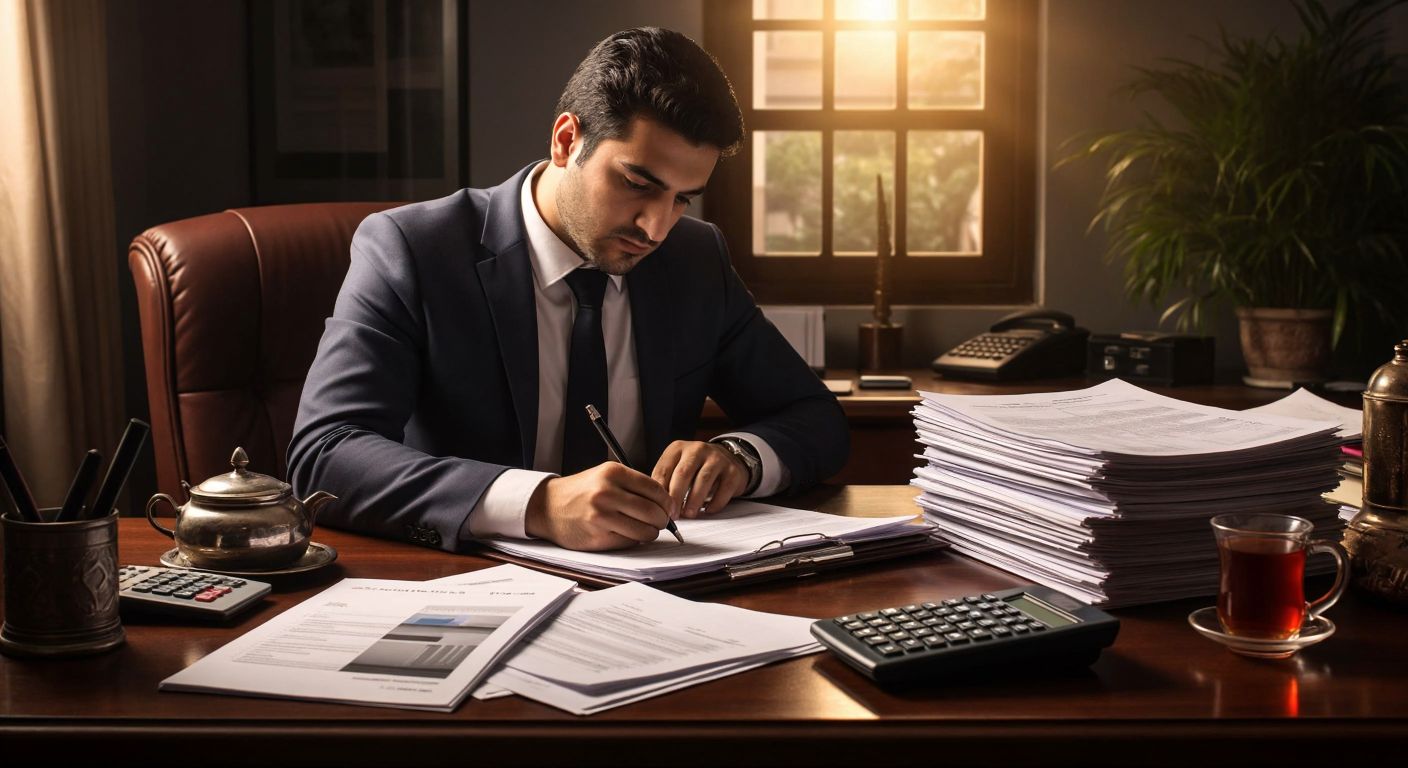 A focused Turkish accountant in a well-lit office, carefully writing in a ledger while stacks of invoices and a calculator sit neatly on a wooden desk, with a steaming cup of Turkish tea nearby.