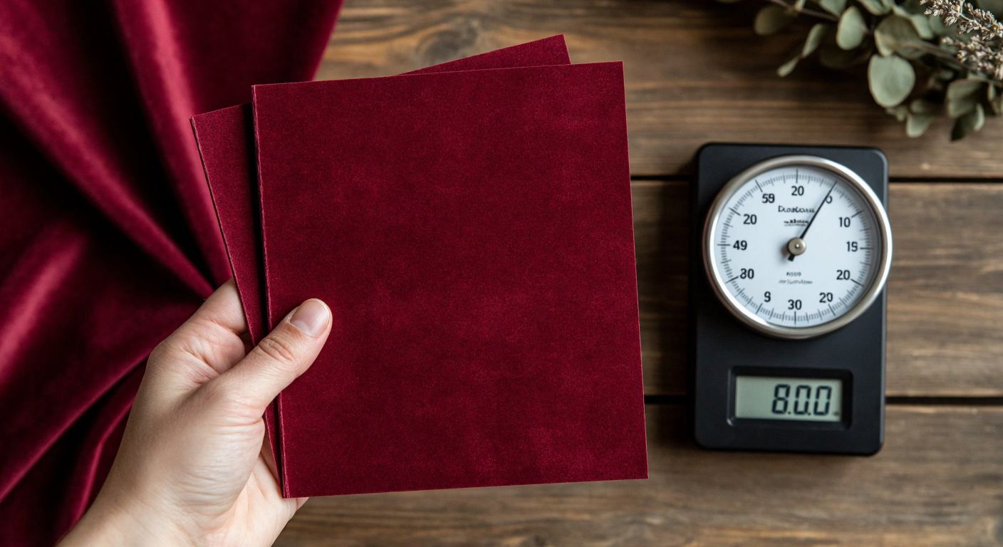 A hand holding a stack of smooth A4 papers next to a single sheet of velvety dark red kadife paper, with a small digital scale in the background showing a weight measurement.